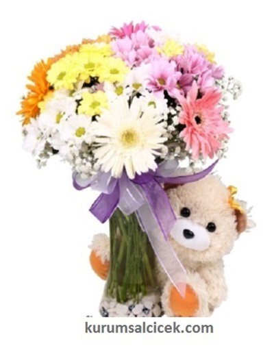 Silindir Cam İçerisinde Papatyalar ve Ayıcık