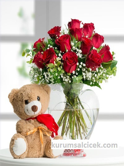 Cam Kalp İçinde Güller ve Ayıcık