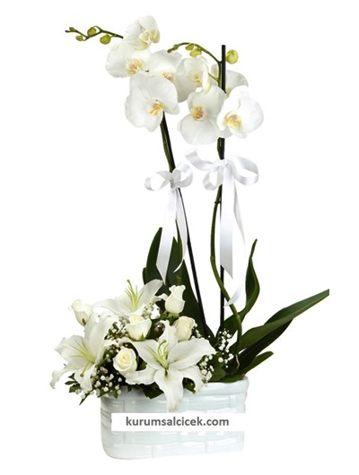 Seramik İçerisinde Orkide Beyaz Güller ve Lilyumlar