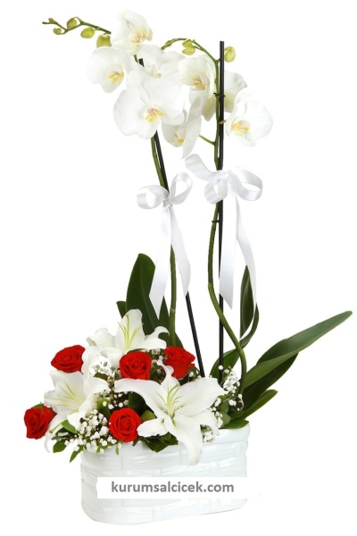 Seramik İçerisinde Orkide Gül ve Lilyumlar